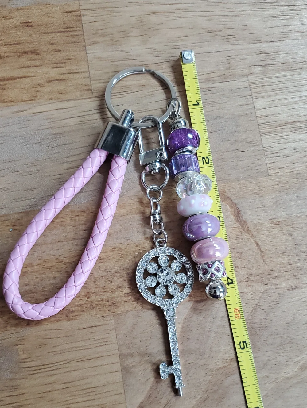 Elegant Pink and Purple Beaded Keychain with Crystal Key Charm